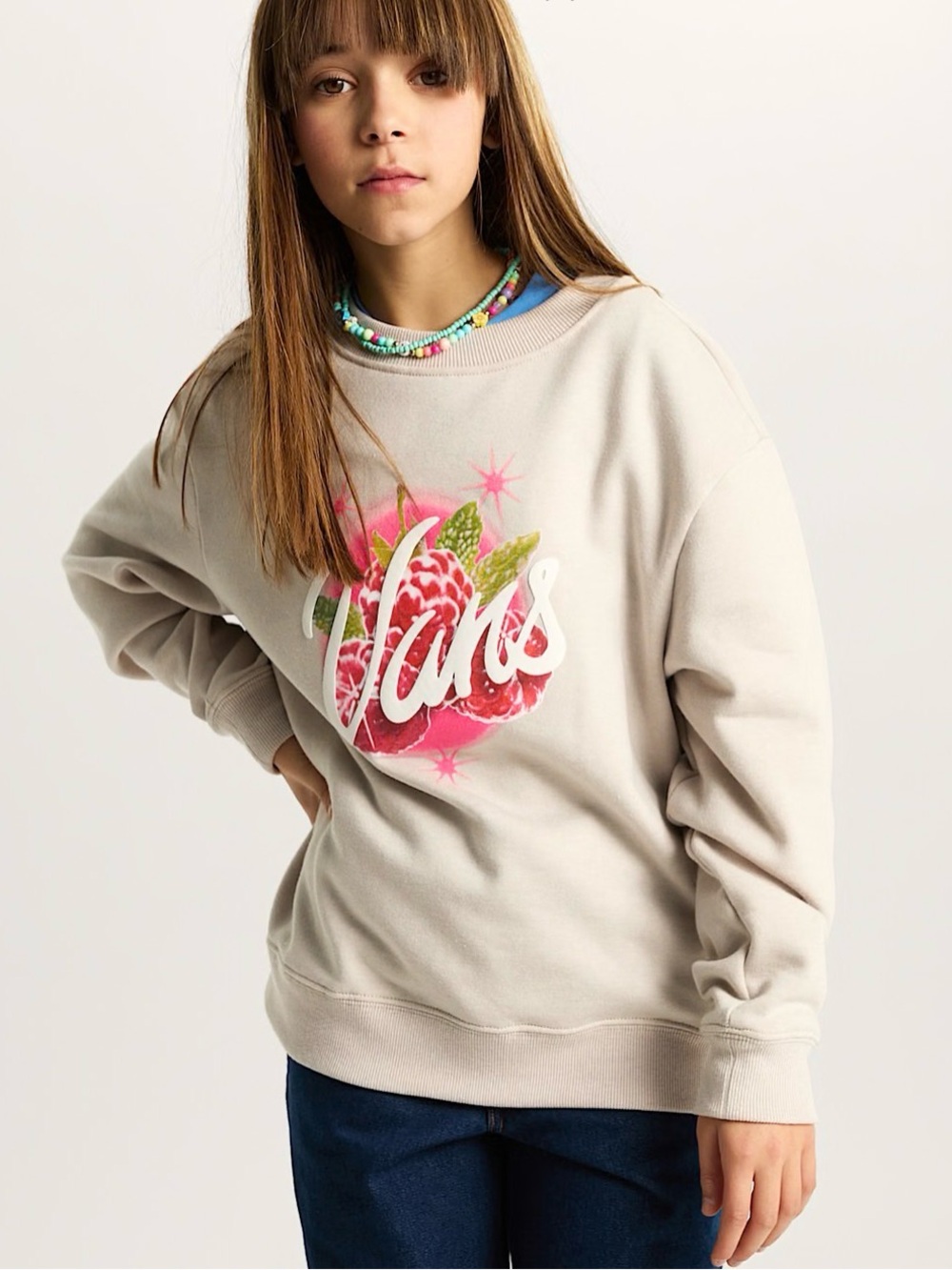 Vans Cream Crewneck Sweatshirt with Pink Floral Logo